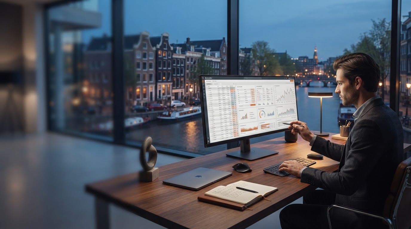 Baatvonker dashboard met liquiditeitsanalyse en risico-indicatoren op een scherm
